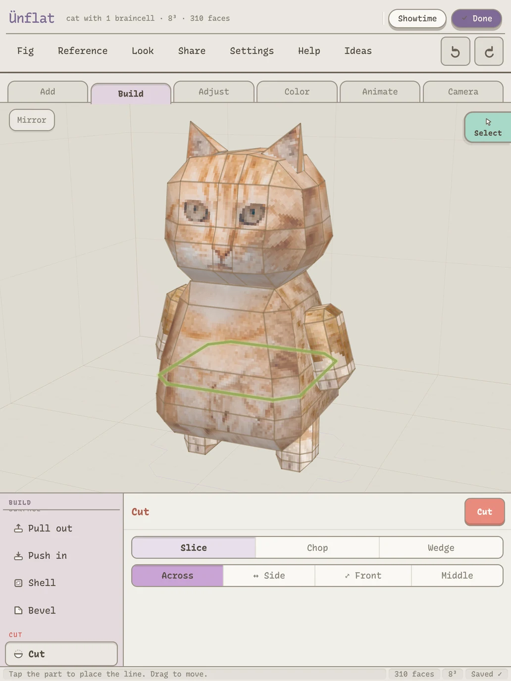The fig editor on iPad: a cat fig with a slice line around its body, Build › Cut › Slice › Across open