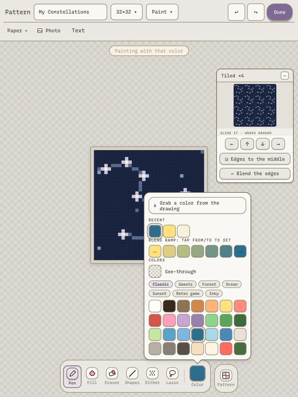 The Pattern studio on iPad: a night sky pattern, the tiled preview and the palette with a yellow to navy blend ramp