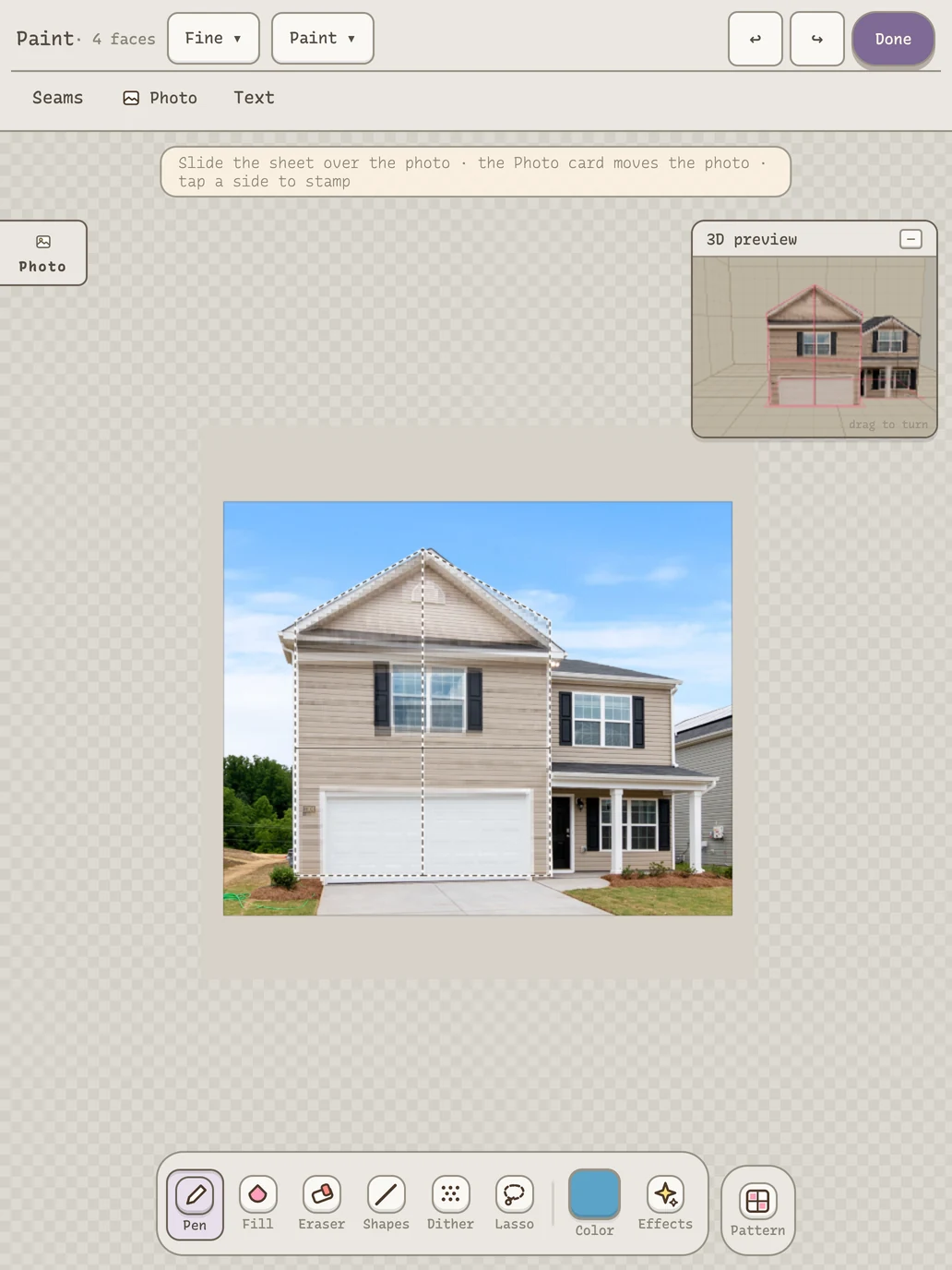 Paint on iPad: a house photo lined up on the front of a house fig, with the 3D preview