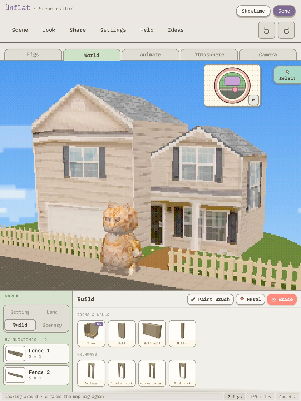 The scene editor on iPad: the cat fig in front of a two-storey house with a picket fence, World › Build open