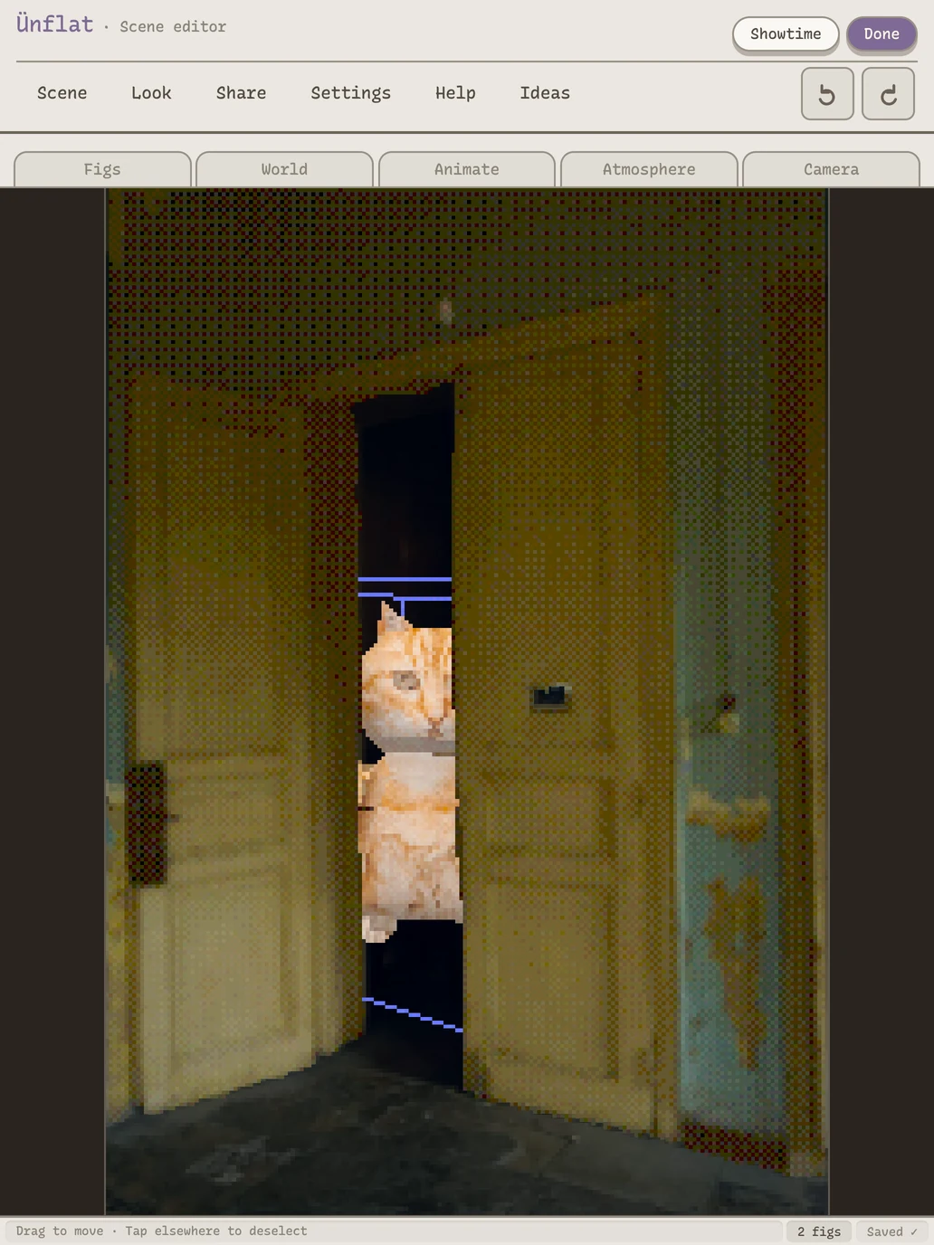 A photo scene on iPad: the cat fig peeking through a real doorway