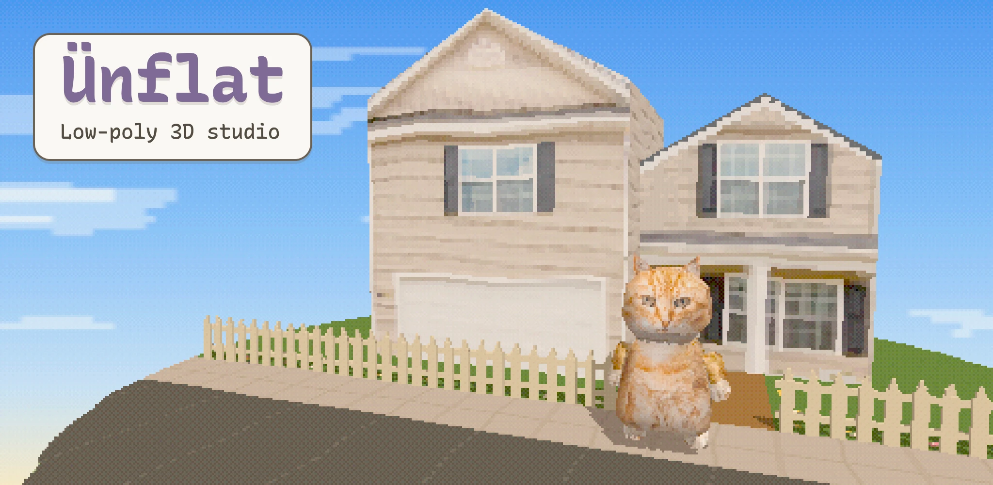 Ünflat, a low-poly 3D studio: a cat fig in front of a house on a sunny street